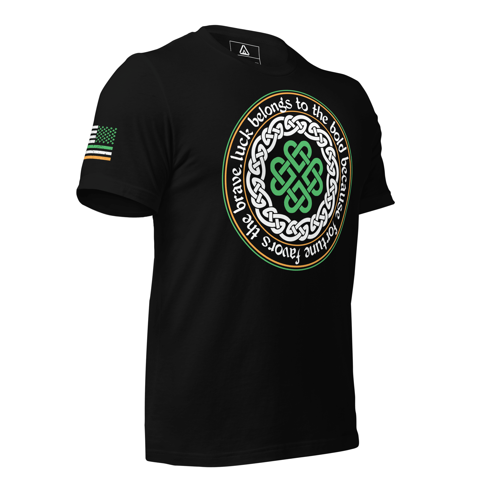 Black t-shirt, three-quarter view angled left, with a circular Celtic knot and an Irish-American flag on the sleeve.