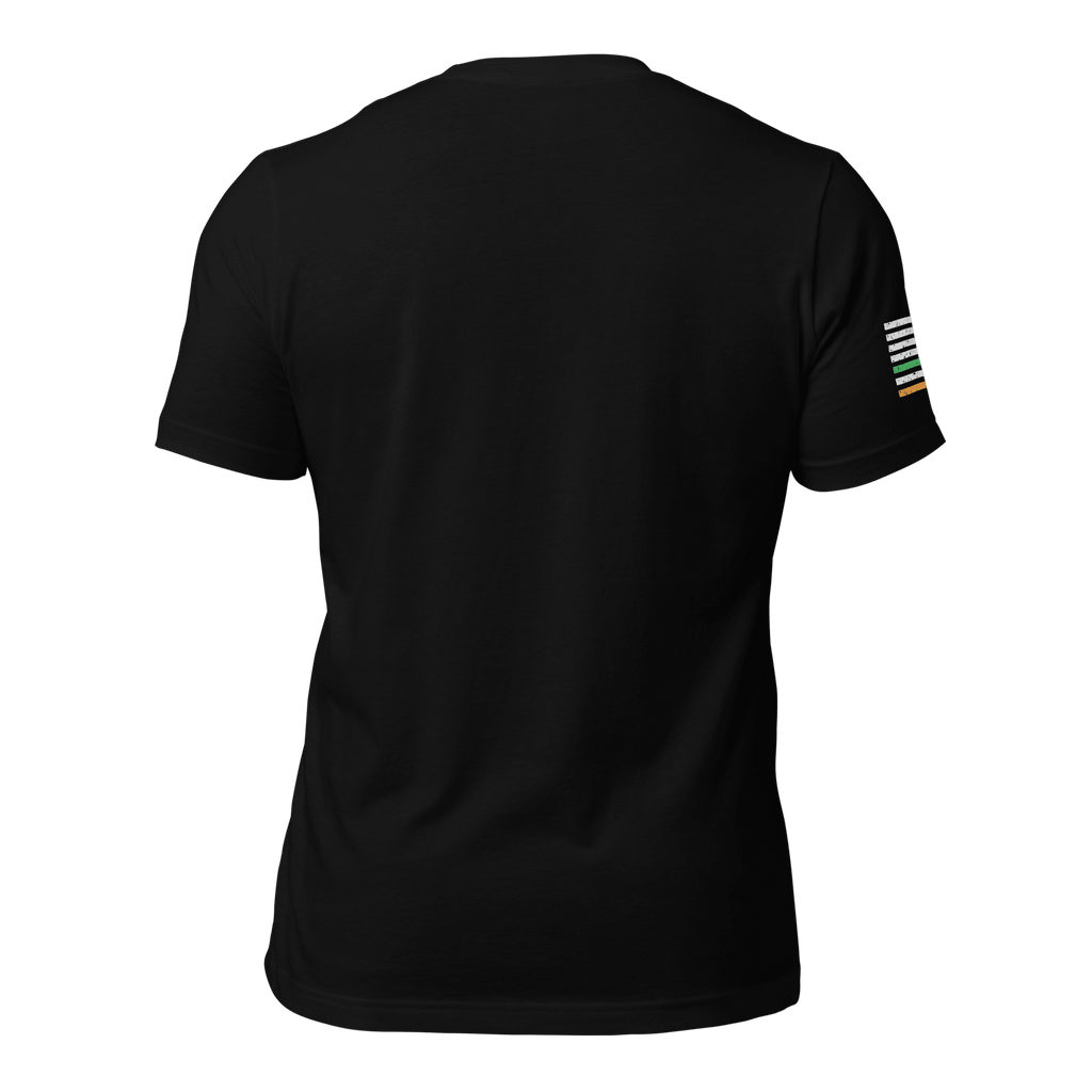 Black t-shirt, back view, featuring a green and orange Irish-American flag design on the right sleeve.