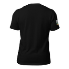 Black t-shirt, back view, featuring a green and orange Irish-American flag design on the right sleeve.