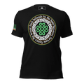 Black t-shirt, front view, featuring a large circular Celtic knot design and green Irish colored American flag on the sleeve.
