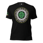 Black t-shirt, front view, featuring a large circular Celtic knot design and green Irish colored American flag on the sleeve.