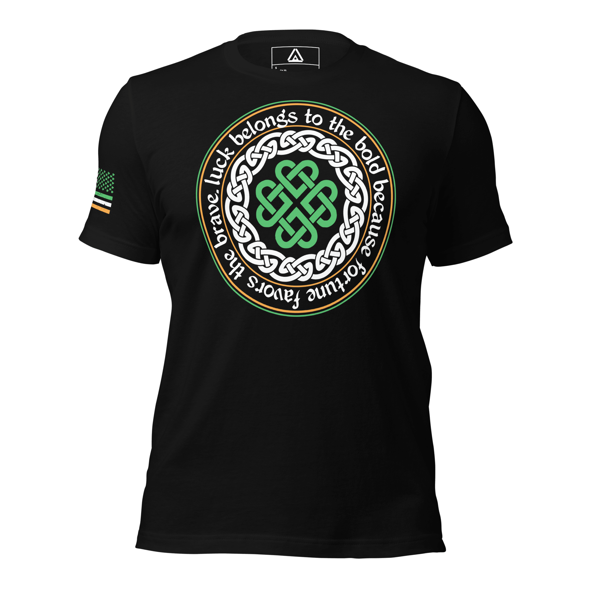 Black t-shirt, front view, featuring a large circular Celtic knot design and green Irish colored American flag on the sleeve.
