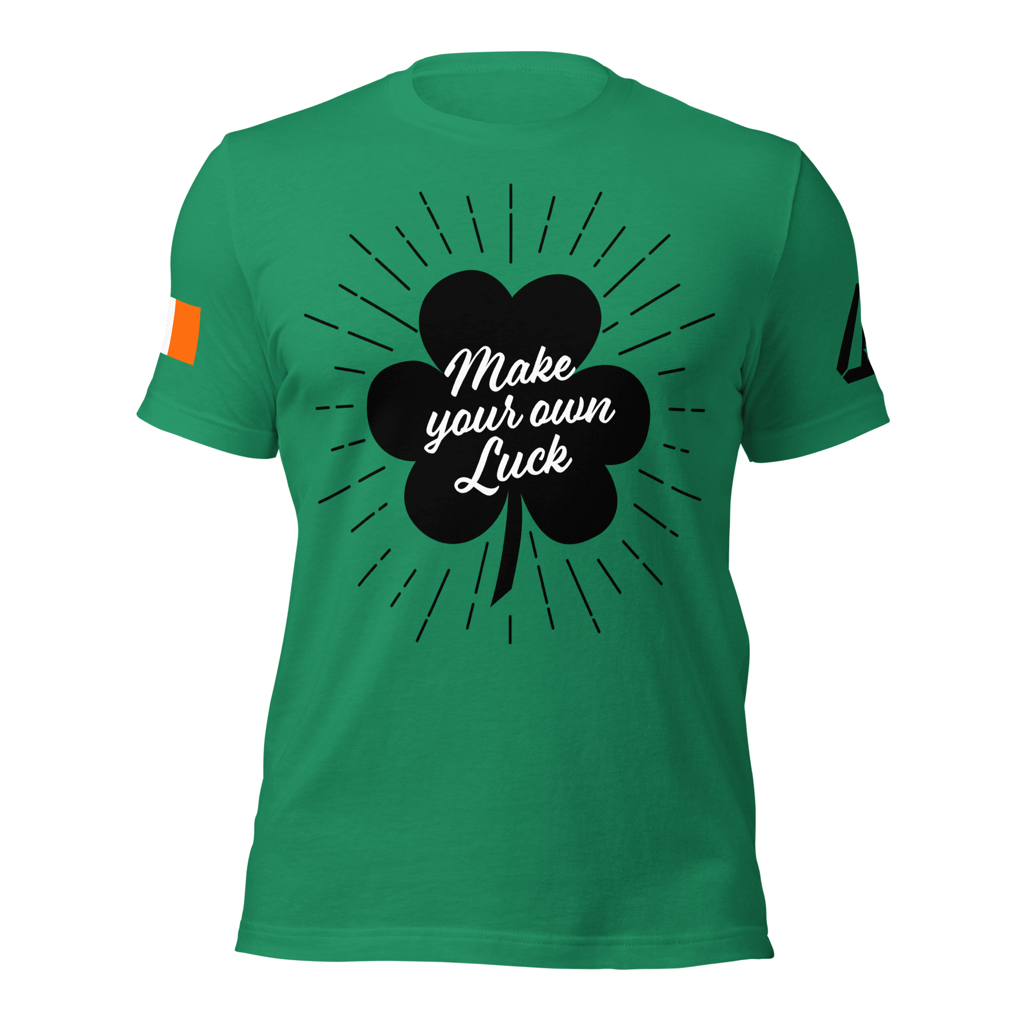 A green t-shirt, front view, with a black shamrock graphic, an Irish flag sleeve, and a DIA logo.
