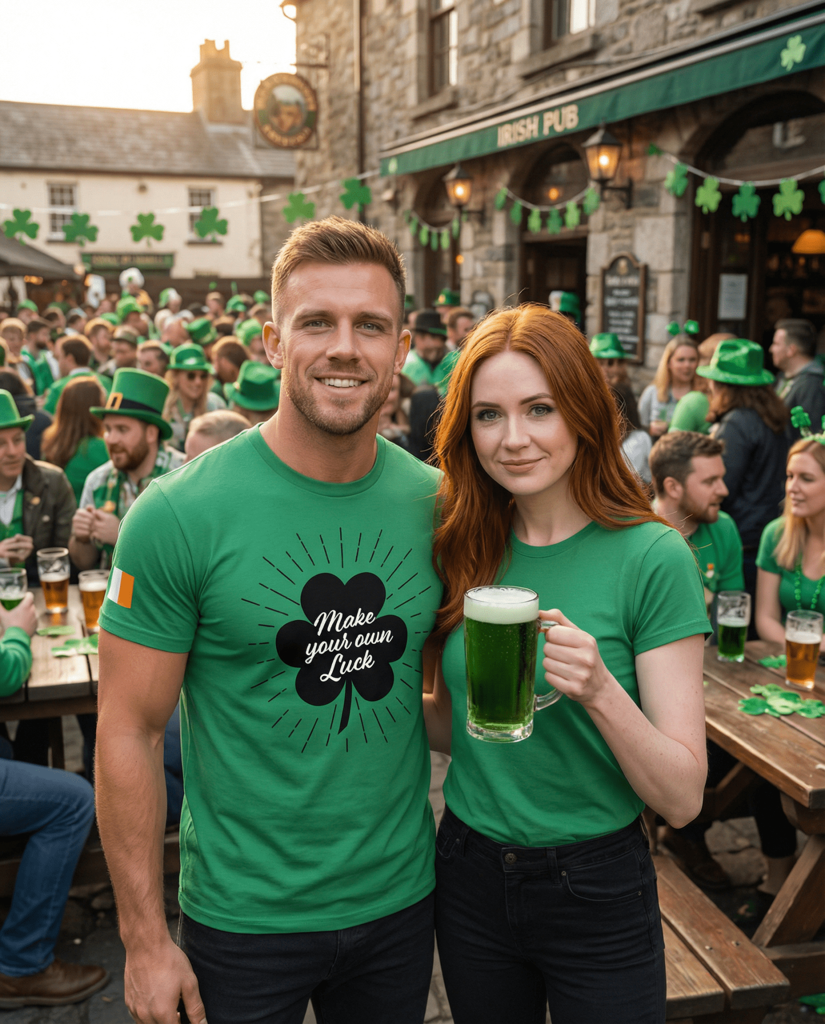 A man and woman stand at an outdoor Irish pub, wearing green "Make your own Luck" shamrock t-shirts.
