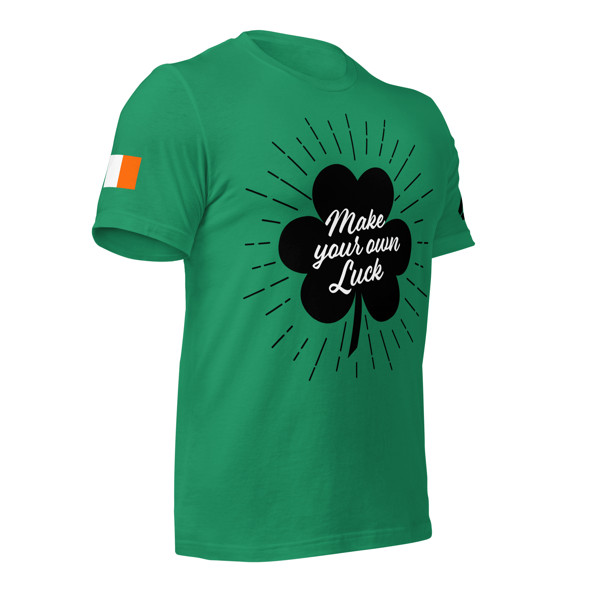 A green t-shirt is shown from a three-quarter view angled toward the left, with an Irish flag visible.