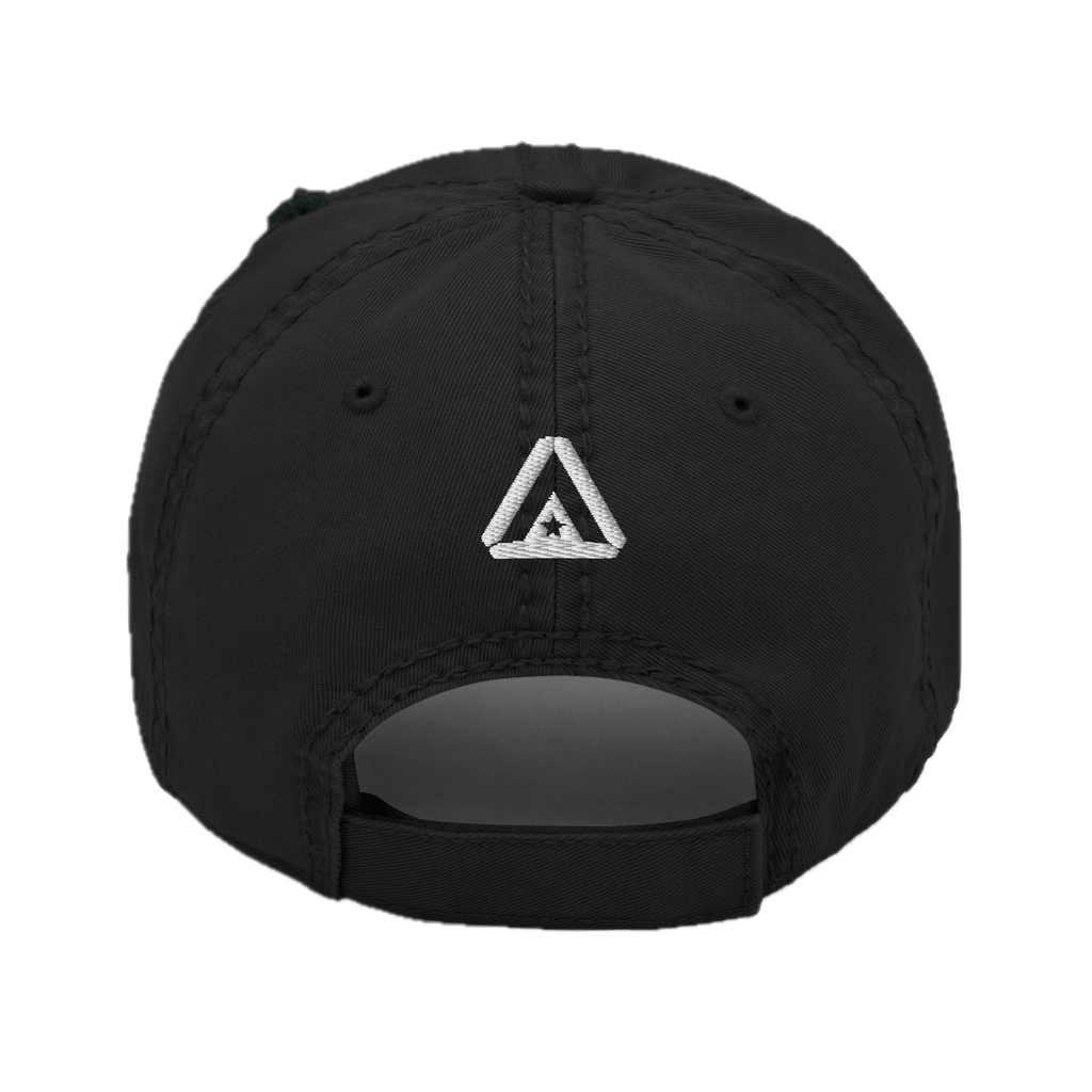 Black distressed ball cap shown from the back, featuring a white embroidered DIA logo above the adjustable strap.