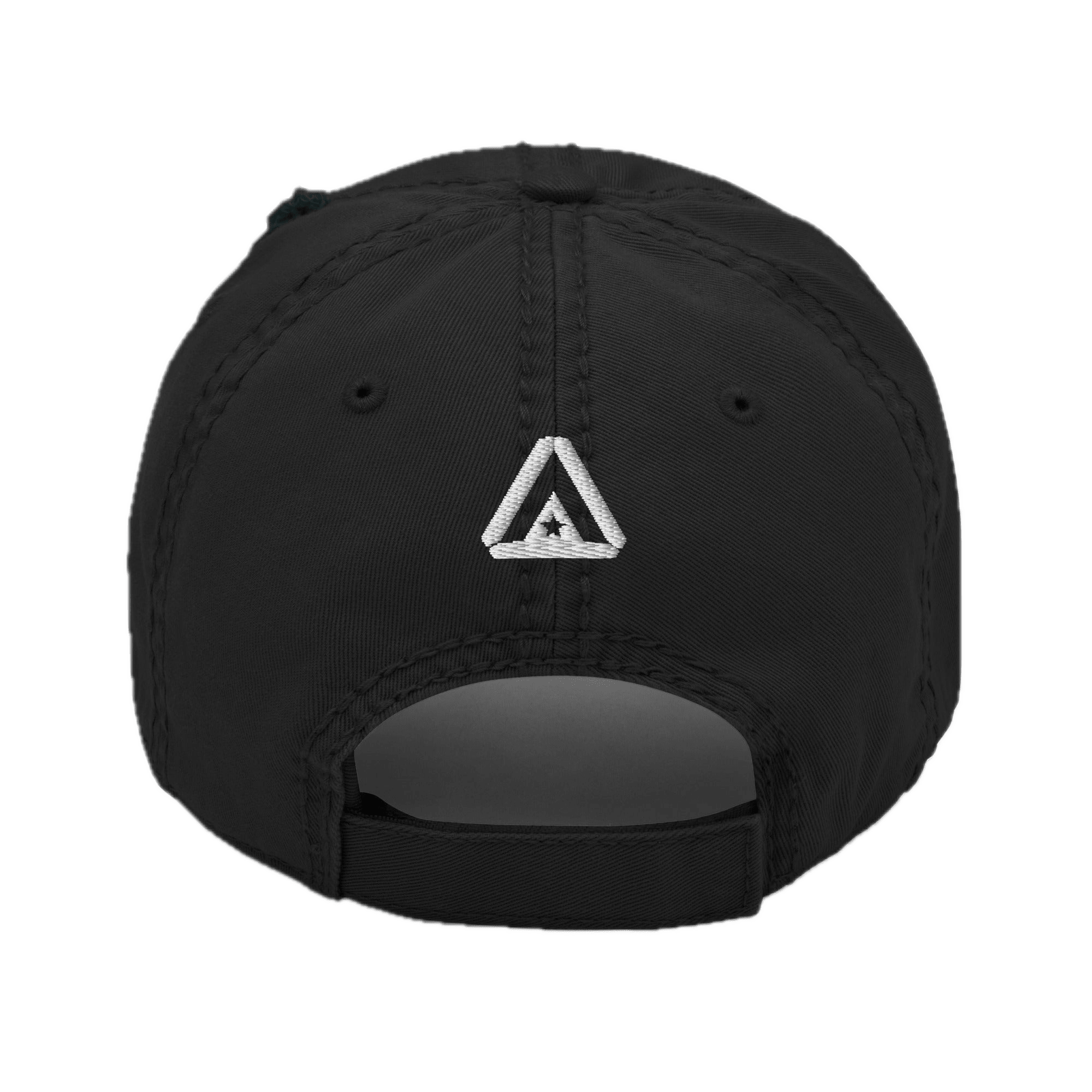 Black distressed ball cap shown from the back, featuring a white embroidered DIA logo above the adjustable strap.