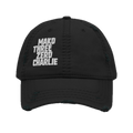 Black distressed ball cap with white "MAKO THREE ZERO CHARLIE" embroidered on the front, with frayed edges.