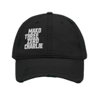 Black distressed ball cap with white "MAKO THREE ZERO CHARLIE" embroidered on the front, with frayed edges.