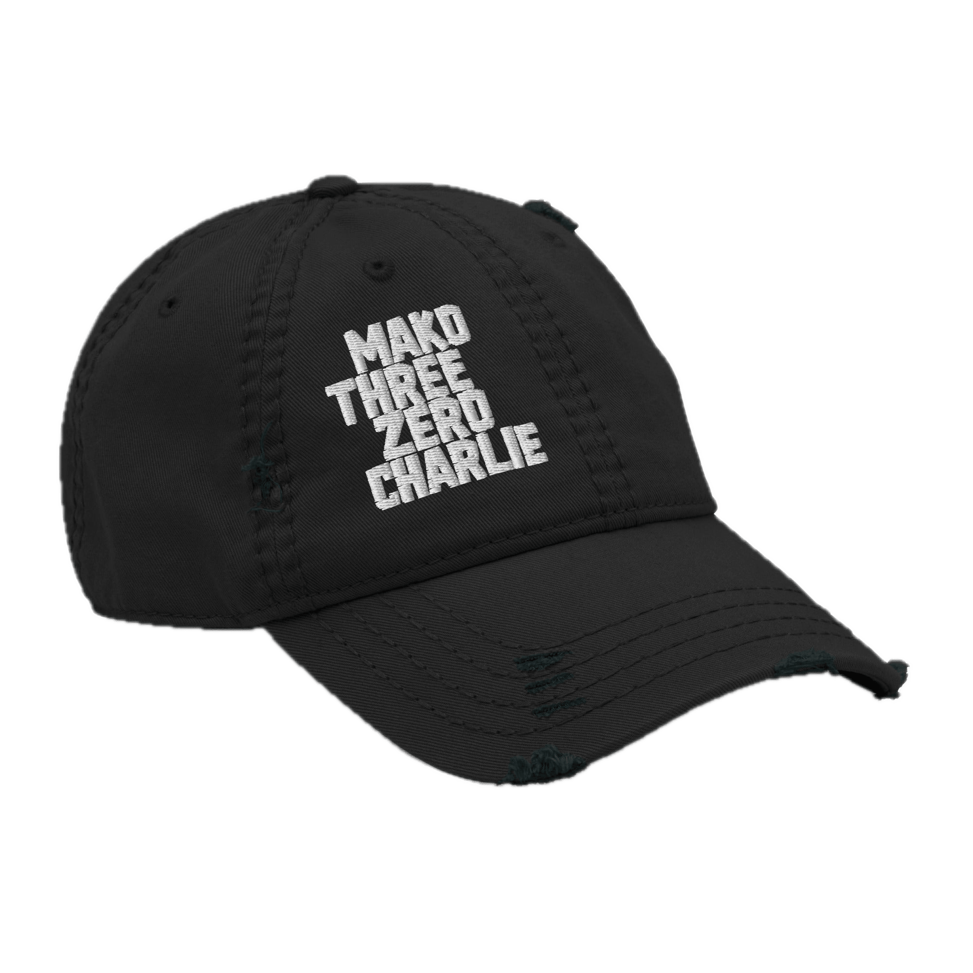 Black distressed ball cap angled right, with white "MAKO THREE ZERO CHARLIE" embroidery and a frayed brim.