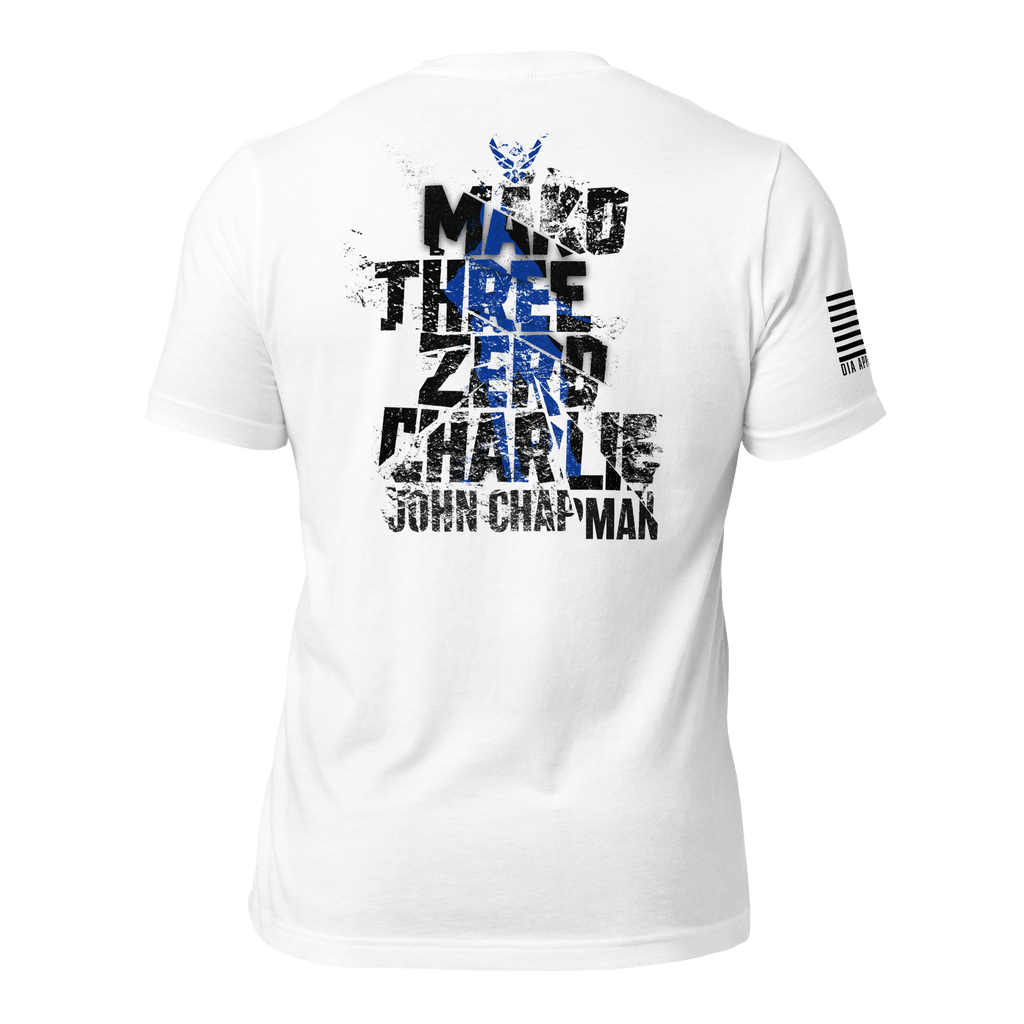 White t-shirt, rear view, with Mako Three Zero Charlie graphic, service member silhouette, and sleeve flag.