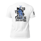 White t-shirt, rear view, with Mako Three Zero Charlie graphic, service member silhouette, and sleeve flag.