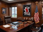 Framed "Mako Three Zero Charlie" John Chapman poster displayed in a wood-paneled office next to an American flag.