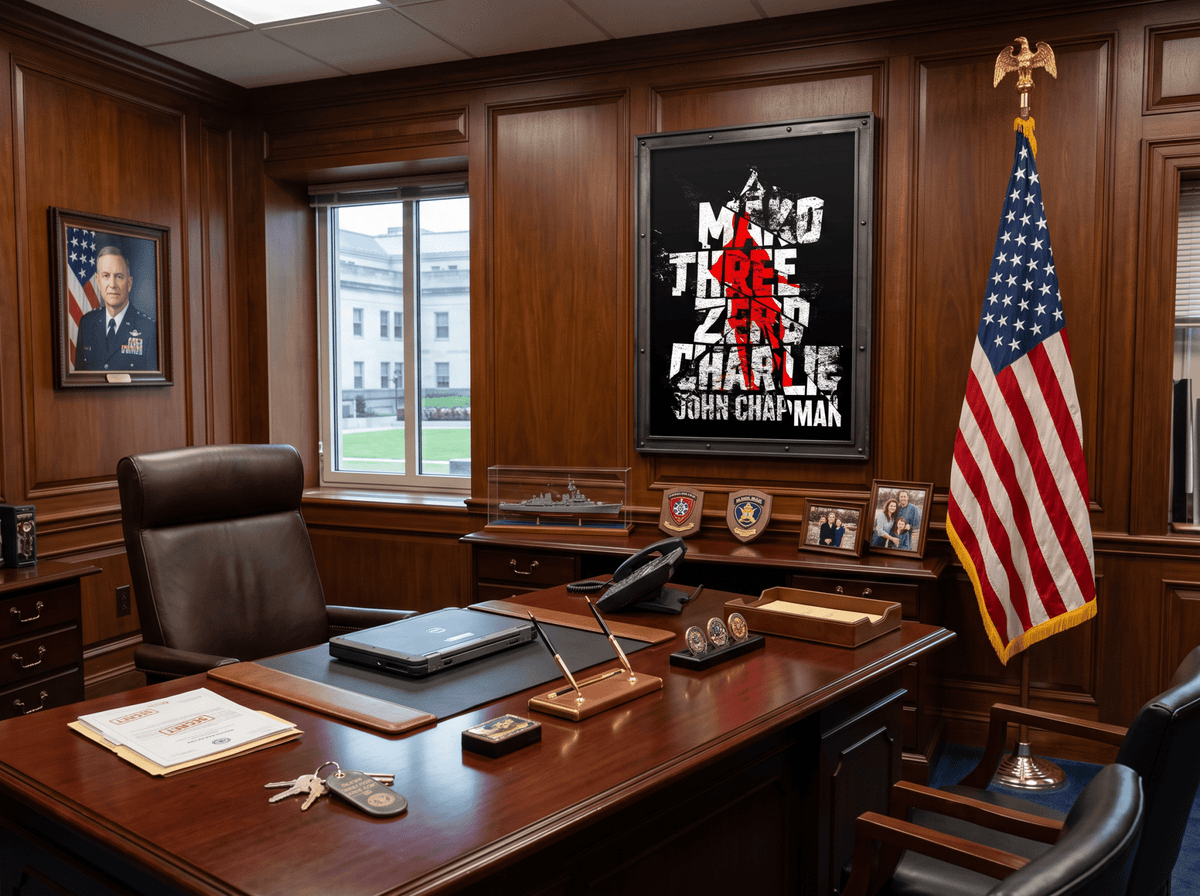 Framed "Mako Three Zero Charlie" John Chapman poster displayed in a wood-paneled office next to an American flag.