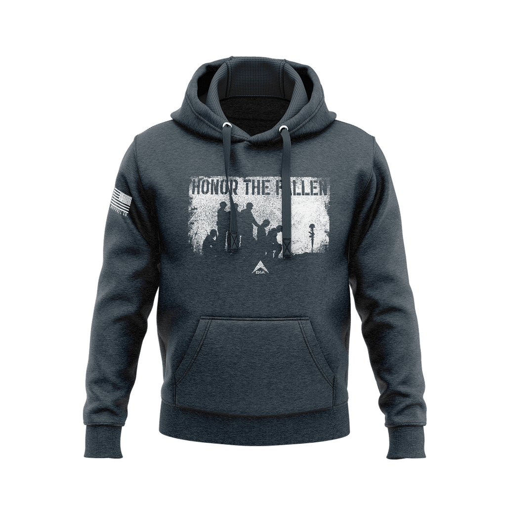 Navy blazer hoodie, front view, featuring a white "HONOR THE FALLEN" graphic with silhouettes and the DIA logo.