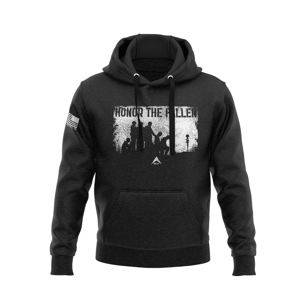 Black hoodie, front view, featuring a white "HONOR THE FALLEN" graphic with silhouettes and the DIA logo.