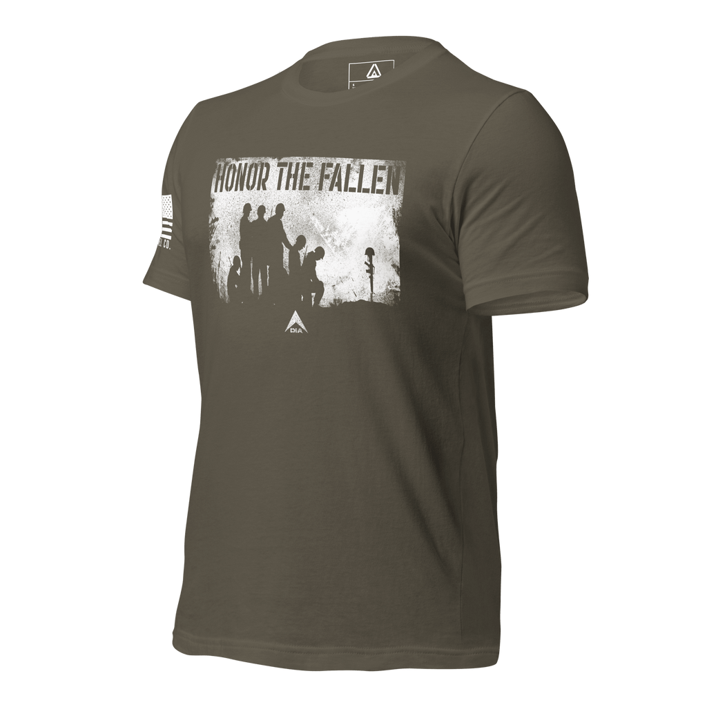 Army green t-shirt, angled right, and white soldiers graphic, and US flag on sleeve