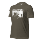 Army green t-shirt, angled right, and white soldiers graphic, and US flag on sleeve
