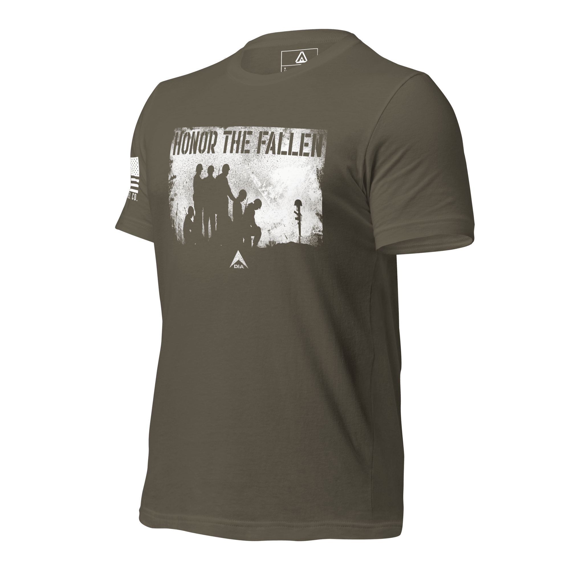 Army green t-shirt, angled right, and white soldiers graphic, and US flag on sleeve
