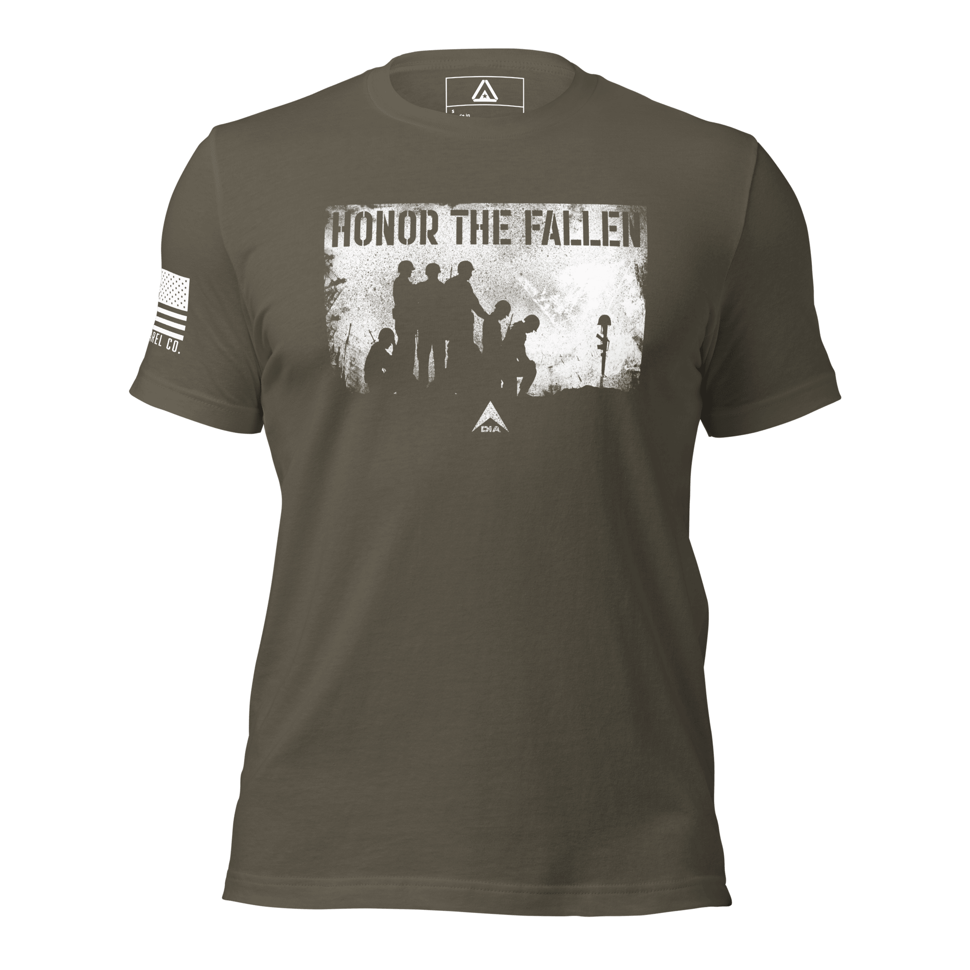 Army green t-shirt, front view, and white soldiers graphic, and US flag on sleeve, and DIA logo.