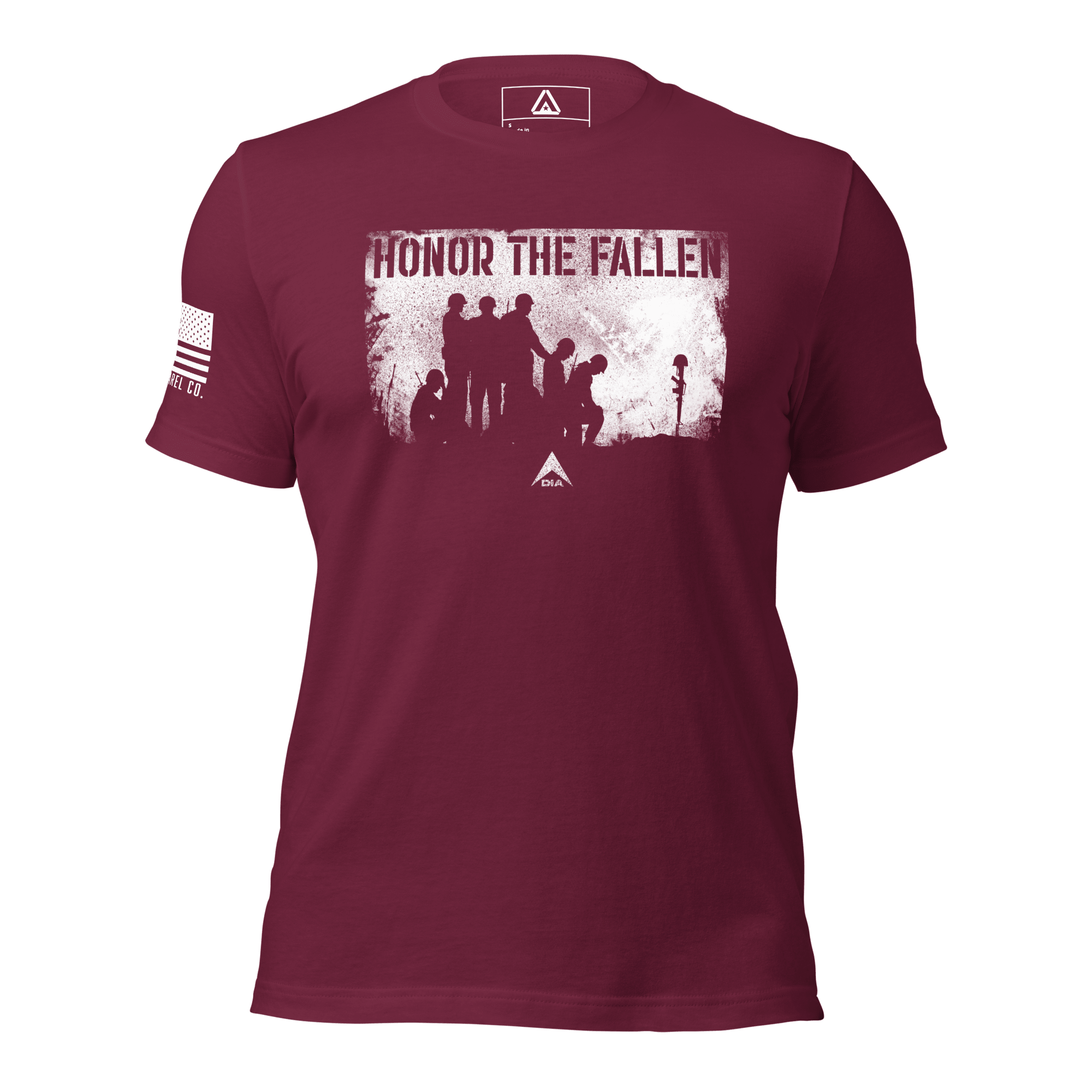 Maroon t-shirt front view, with a distressed white graphic of soldiers titled "HONOR THE FALLEN" and a DIA logo.