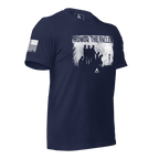 Navy t-shirt, angled leftt, white "HONOR THE FALLEN" soldiers graphic, US flag on sleeve and DIA logo.