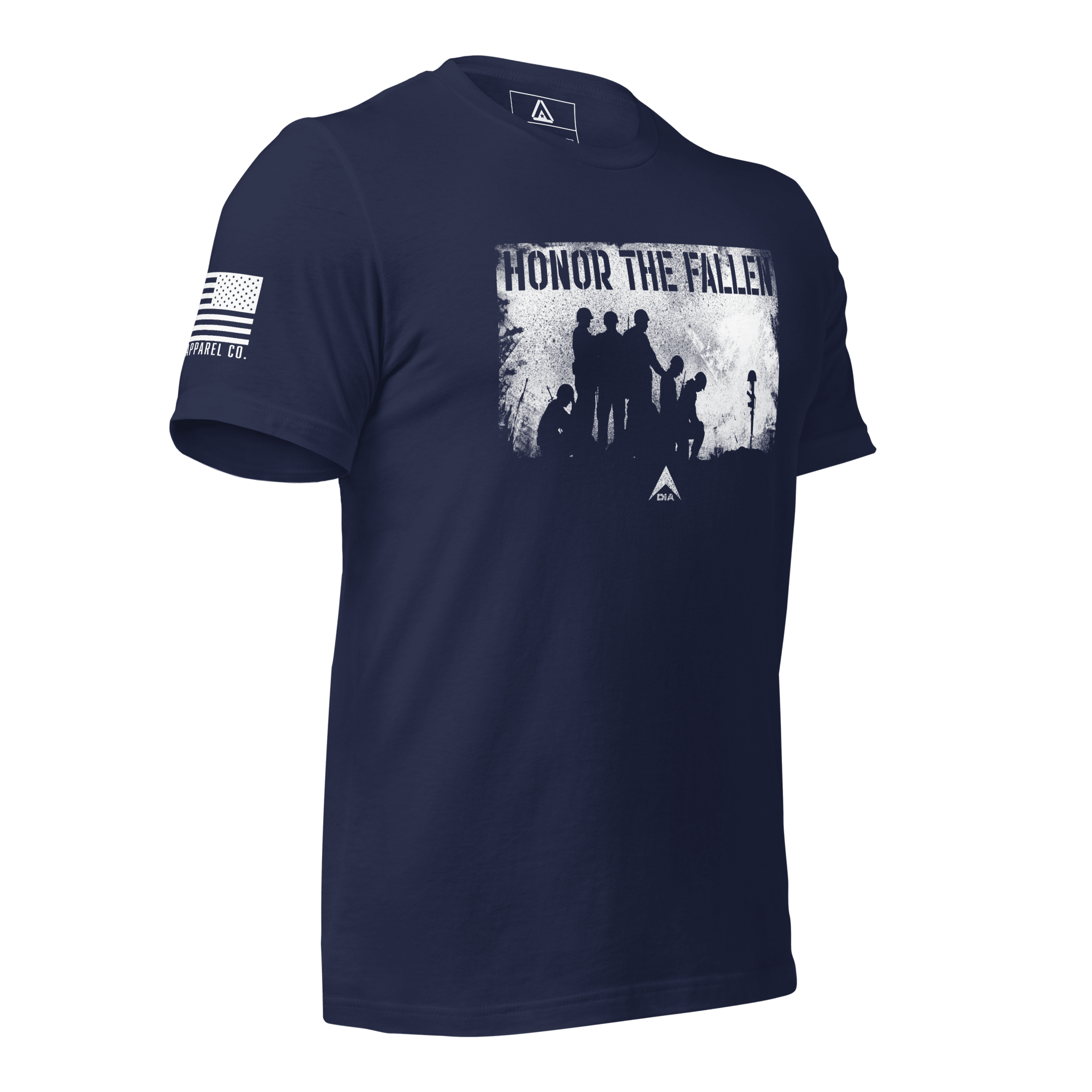 Navy t-shirt, angled leftt, white "HONOR THE FALLEN" soldiers graphic, US flag on sleeve and DIA logo.
