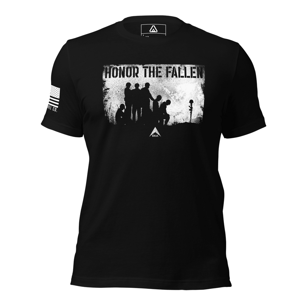 Black t-shirt front view, featuring a distressed white graphic of soldiers titled "HONOR THE FALLEN" and a DIA logo.