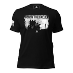 Black t-shirt front view, featuring a distressed white graphic of soldiers titled "HONOR THE FALLEN" and a DIA logo.