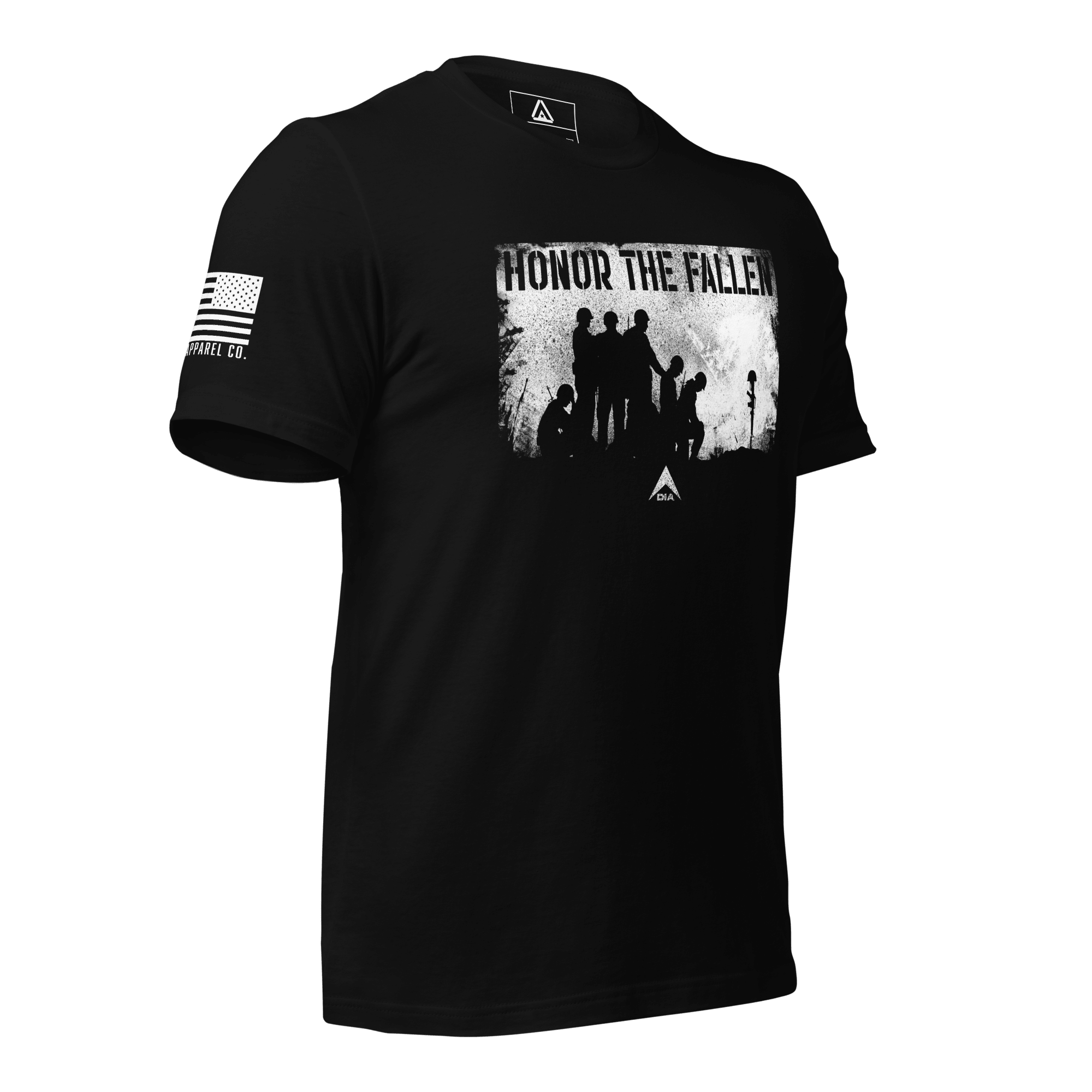 Black t-shirt shown angled left, with white distressed "HONOR THE FALLEN" soldiers graphic on the chest and a DIA logo.