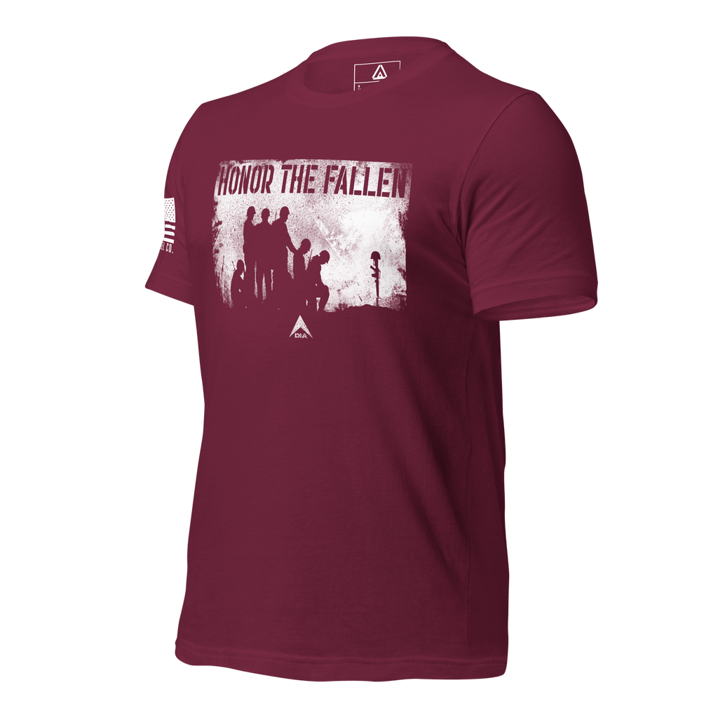 Maroon t-shirt angled right, with white distressed "HONOR THE FALLEN" soldiers graphic on the chest and DIA logo below.