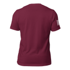 Maroon t-shirt shown from a back view, featuring a white flag graphic and "DIA APPAREL CO." on the right sleeve.