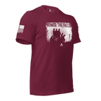 Maroon t-shirt shown angled left, with white distressed "HONOR THE FALLEN" soldiers graphic on the chest and a DIA logo.