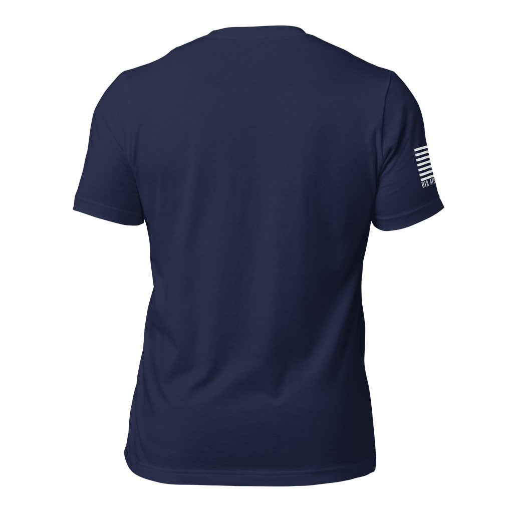Navy blue t-shirt, back view, with right sleeve American flag graphic, and DIA logo.