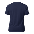 Navy blue t-shirt, back view, with right sleeve American flag graphic, and DIA logo.
