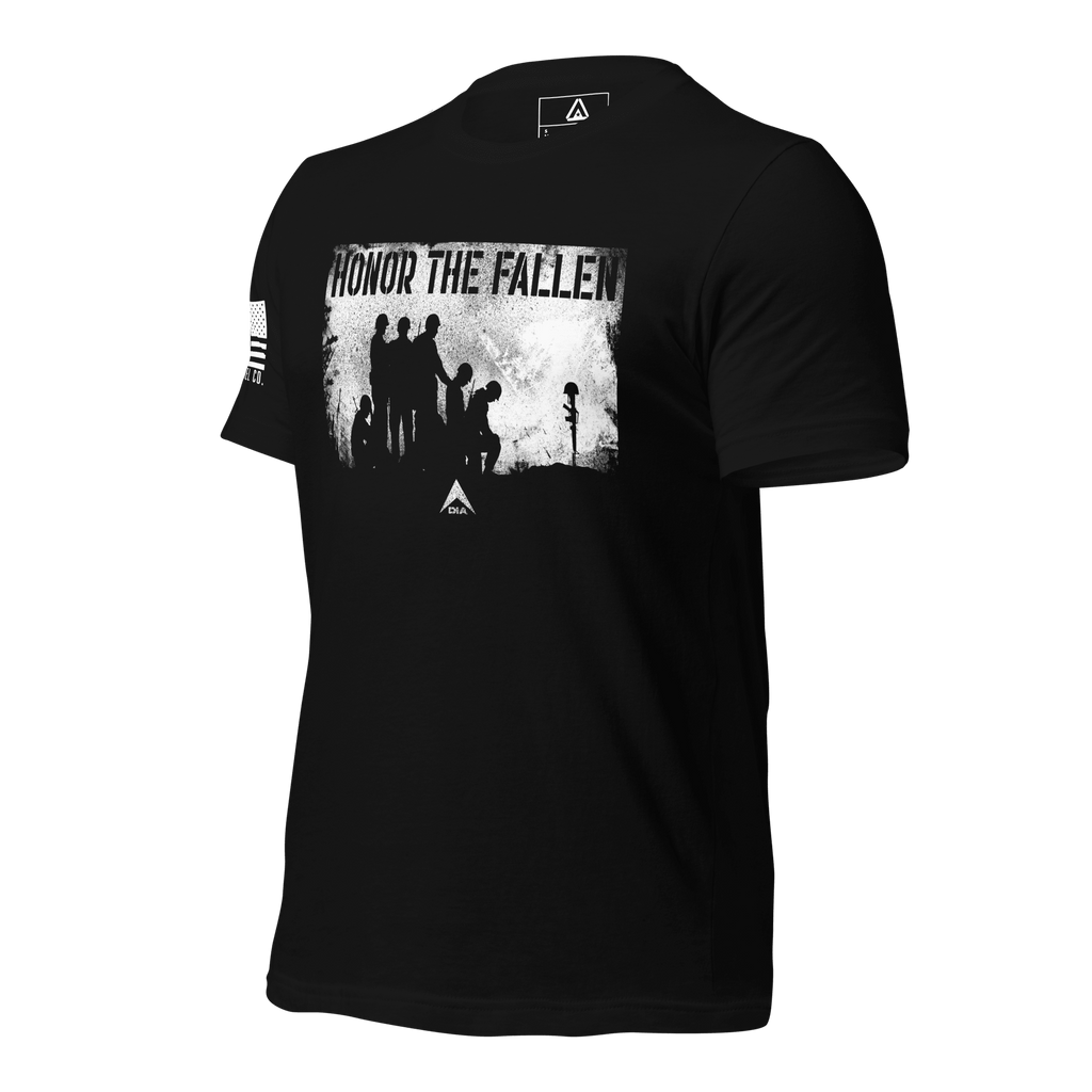 Black t-shirt shown angled right, with white distressed "HONOR THE FALLEN" soldiers graphic on the chest and DIA logo below.