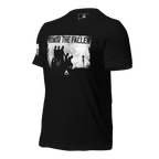 Black t-shirt shown angled right, with white distressed "HONOR THE FALLEN" soldiers graphic on the chest and DIA logo below.