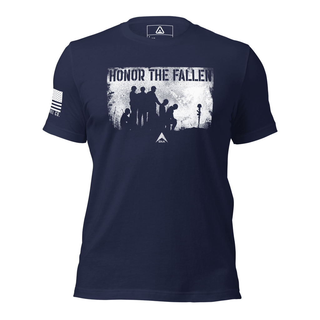Navy blue t-shirt front view, featuring a distressed white graphic of soldiers titled "HONOR THE FALLEN" and a DIA logo.