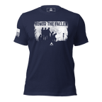 Navy blue t-shirt front view, featuring a distressed white graphic of soldiers titled "HONOR THE FALLEN" and a DIA logo.