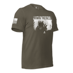 Army green t-shirt, angled left, with white "HONOR THE FALLEN" graphic, and US flag on sleeve