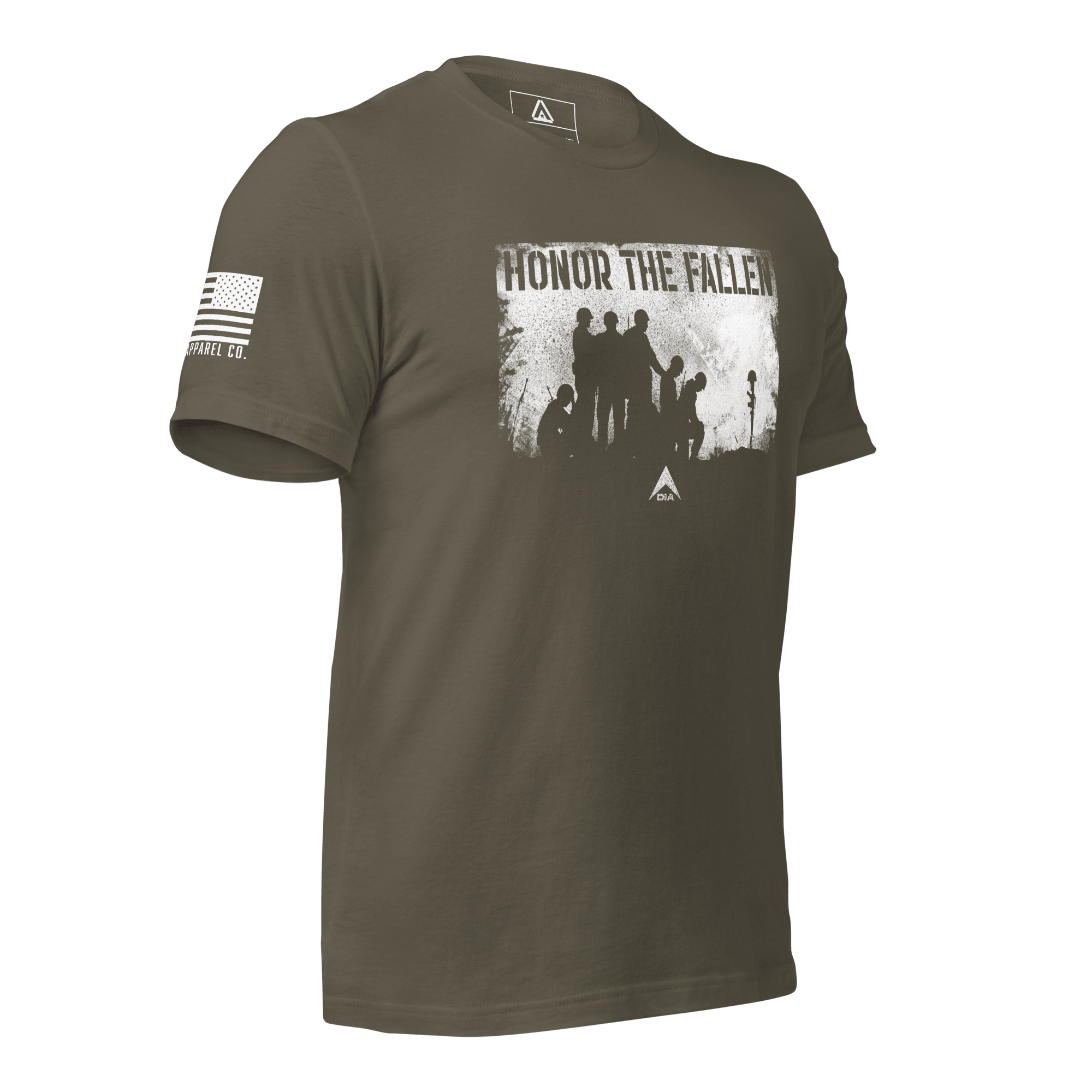 Army green t-shirt, angled left, with white "HONOR THE FALLEN" graphic, and US flag on sleeve