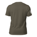 Army green t-shirt, back view, with right sleeve American flag graphic