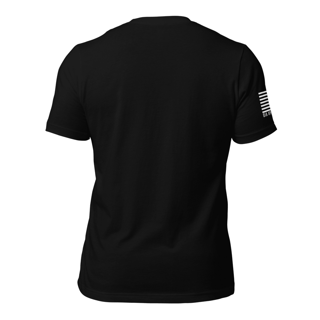 Black t-shirt from a straight back view, featuring a white flag graphic and "DIA APPAREL CO." on the right sleeve.