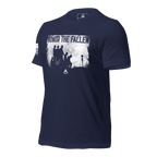 Navy t-shirt, angled right, white "HONOR THE FALLEN" soldiers graphic, US flag on sleeve, DIA logo.