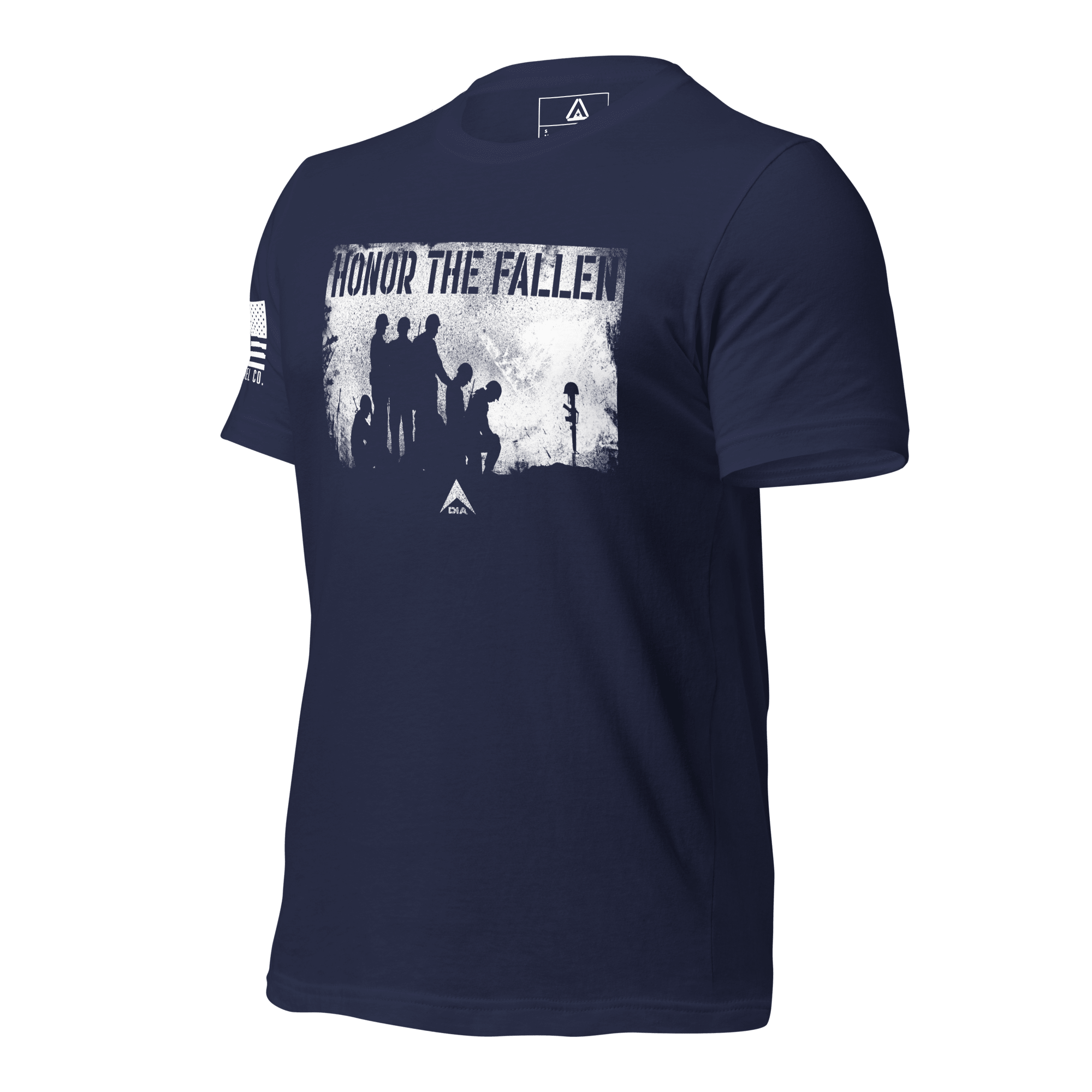 Navy t-shirt, angled right, white "HONOR THE FALLEN" soldiers graphic, US flag on sleeve, DIA logo.