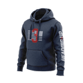 Navy hoodie angled left with a red 3 and white American flag on the chest and "HEADING UP" on the sleeve.