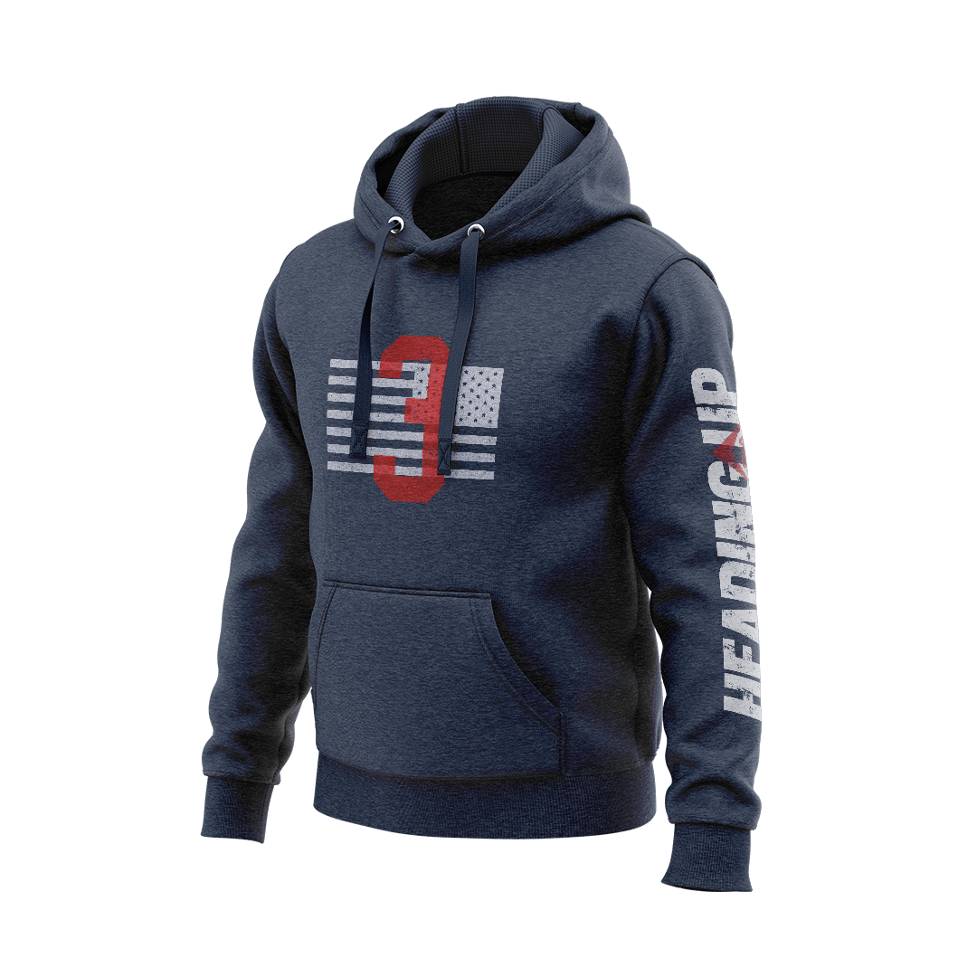 Navy hoodie angled left with a red 3 and white American flag on the chest and "HEADING UP" on the sleeve.