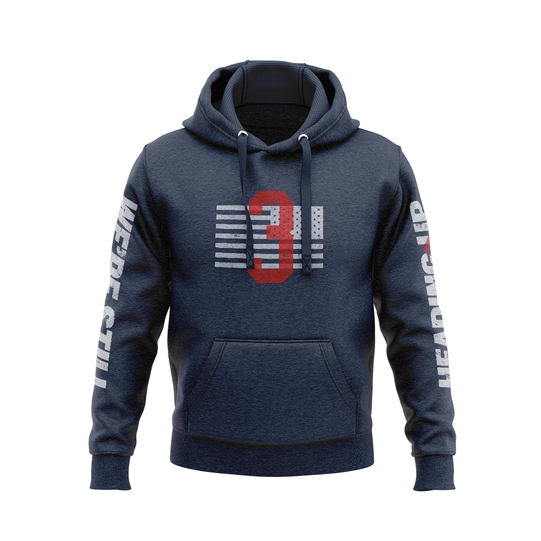 Navy hoodie front view featuring a red number "3" overlaid on a white distressed American flag graphic on the chest.