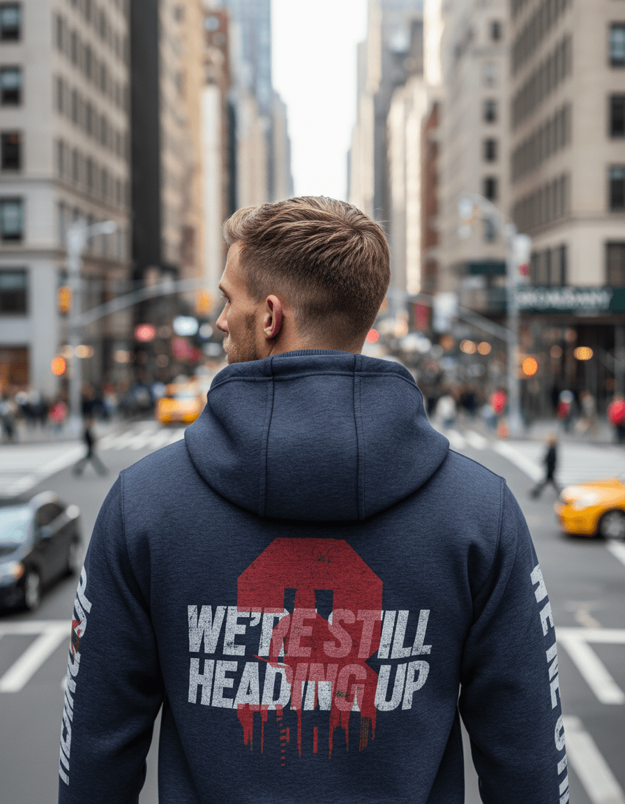 Man wearing a navy hoodie in a city, back view with a red "3" and white "WE'RE STILL HEADING UP" graphic.