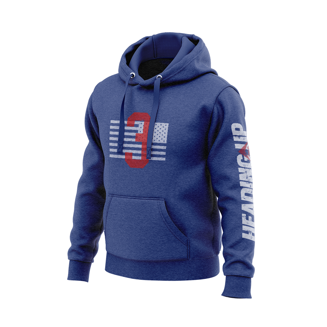 Team royal hoodie angled left, with a red 3 and white US flag on the chest and "HEADING UP" on the sleeve.